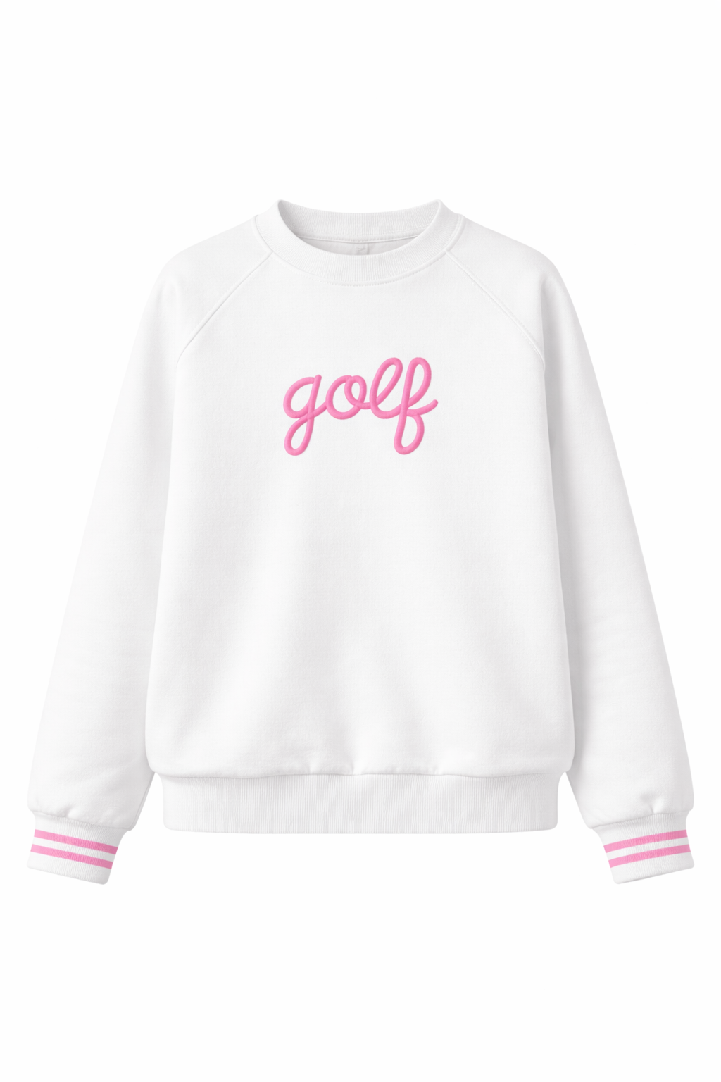 Women’s white golf crewneck sweatshirt with pink “golf” script lettering and striped cuffs on a clean white background