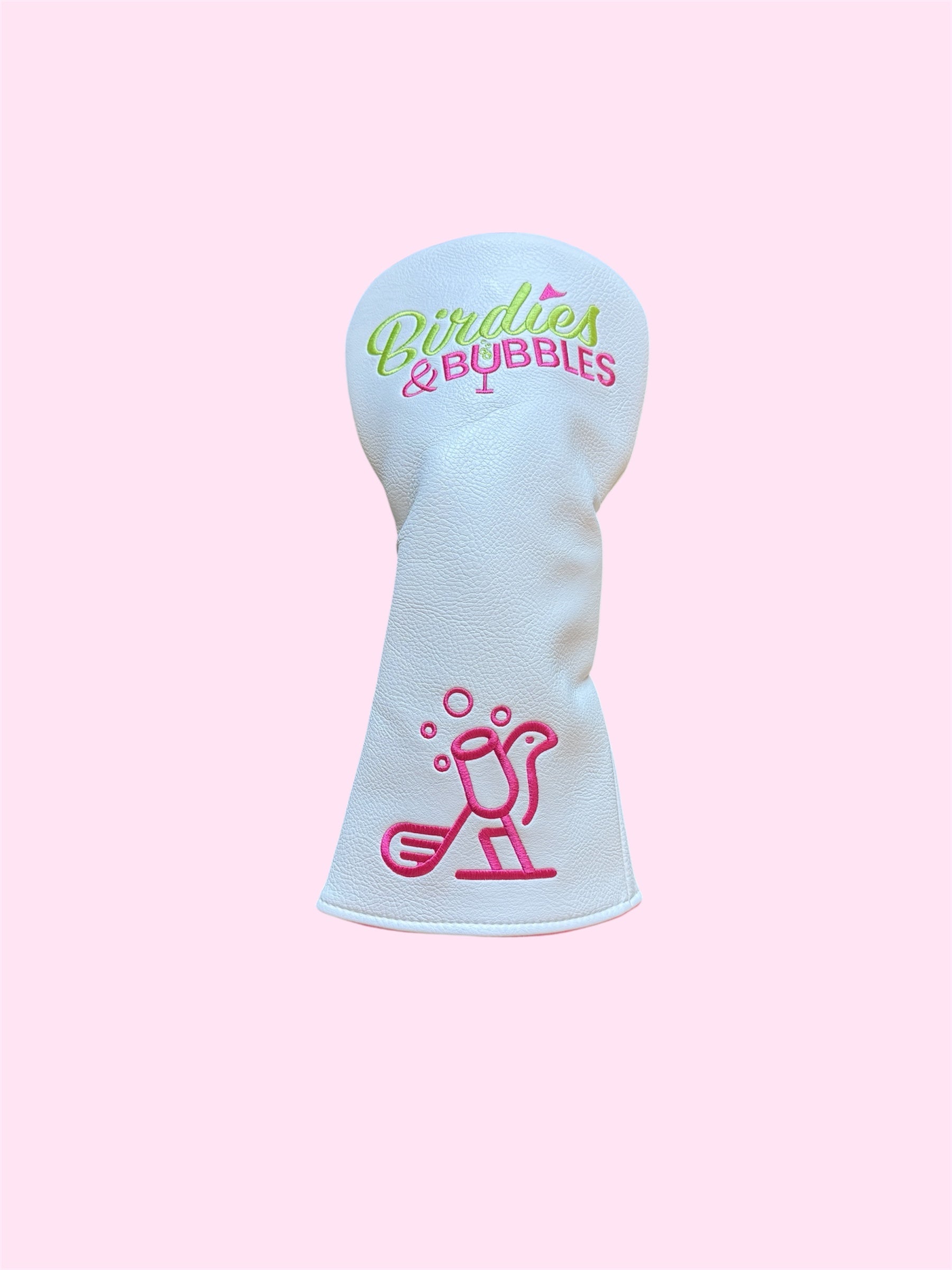 Women’s Stylish Birdies & Bubbles Golf Headcovers white with pink background 