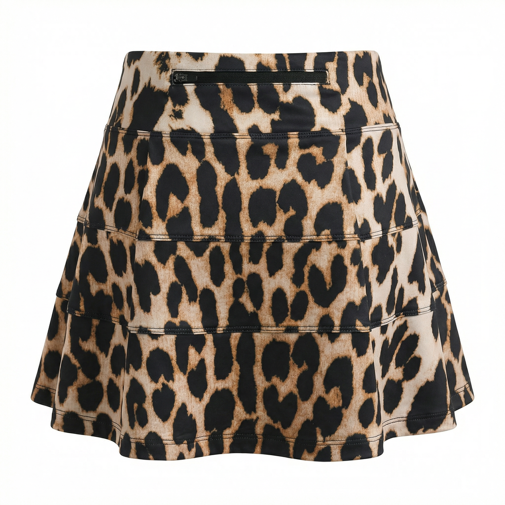 Back side of Leopard print skirt with a sipper on a white background 