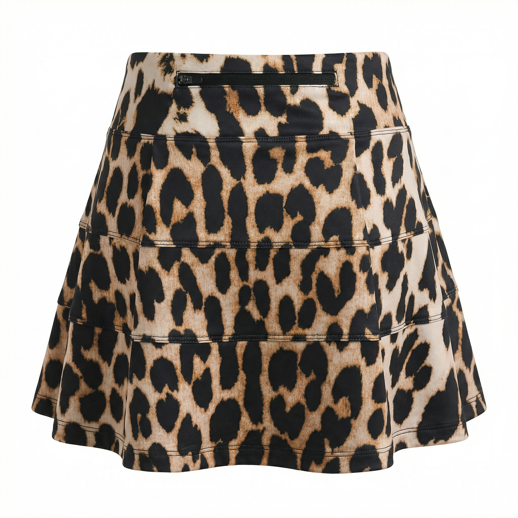 Back side of Leopard print skirt with a sipper on a white background 
