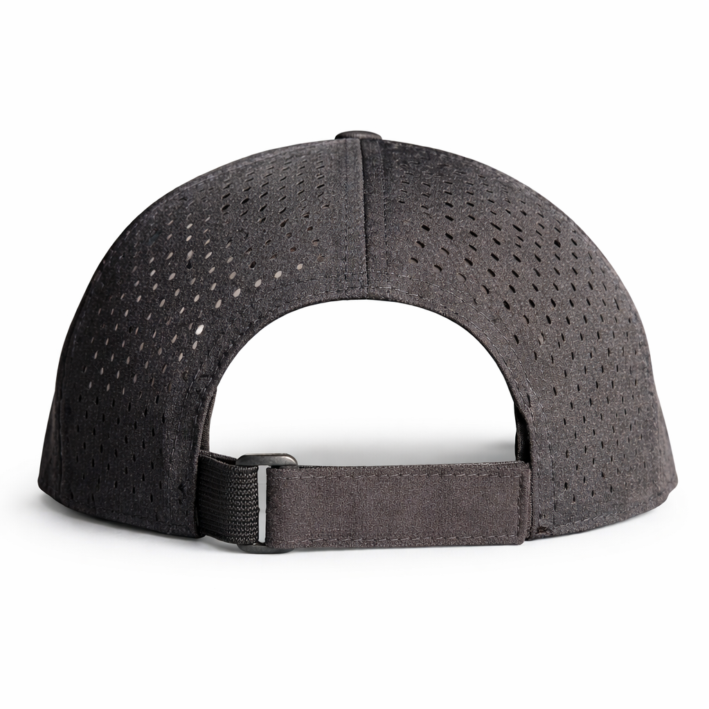 Birdies & Bubbles women's black golf hat back view with breathable perforated fabric and adjustable strap