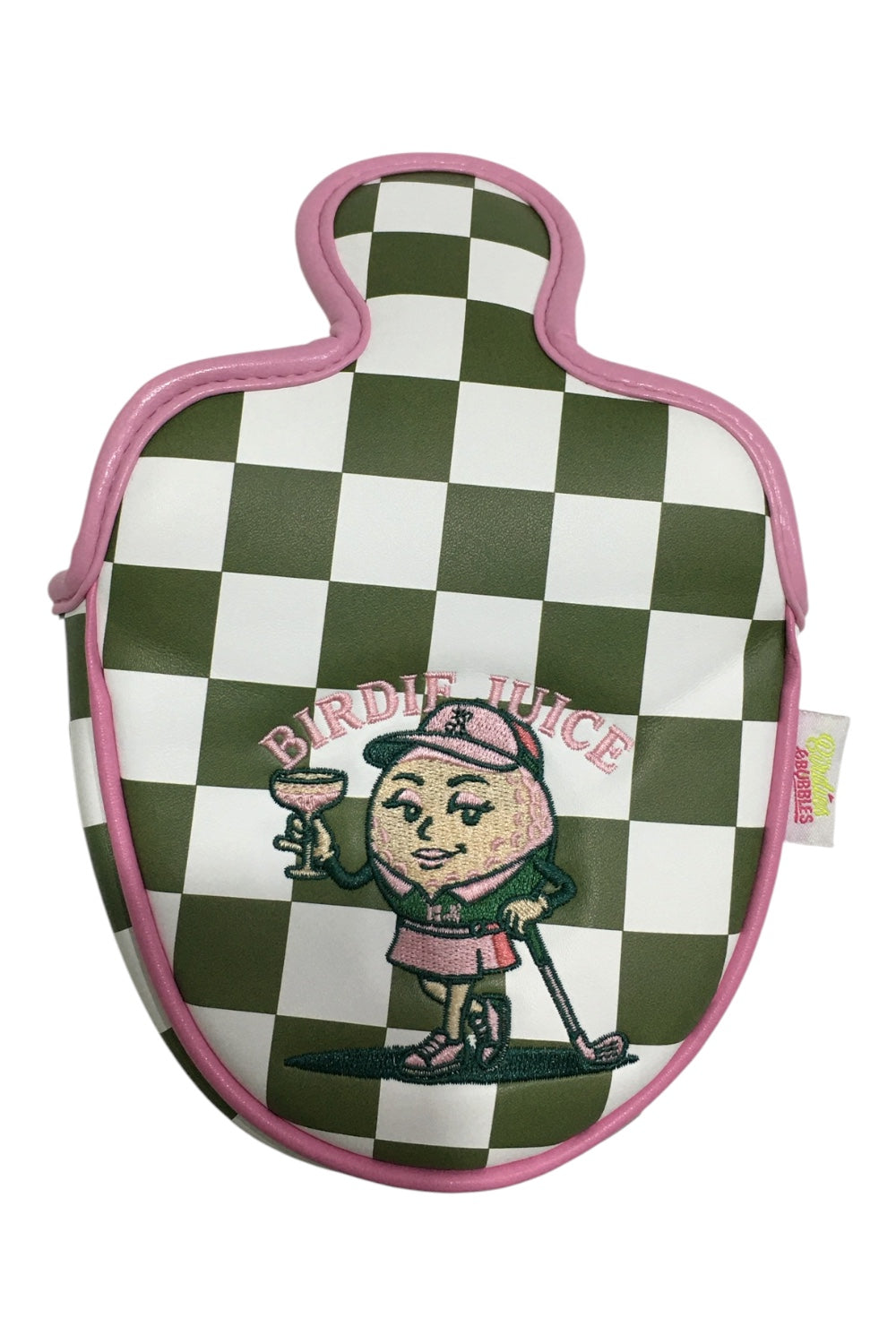 Checkered golf club head cover with cartoon character and 'Birdie Juice' text on a white background