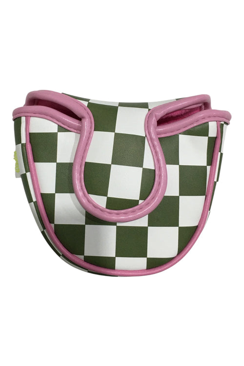 Green and white checkered saddle pad with pink trim on a white background
