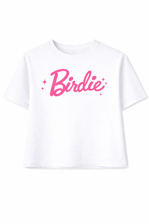 White t-shirt with pink 'Birdie' text that looks like Barbie on a white background