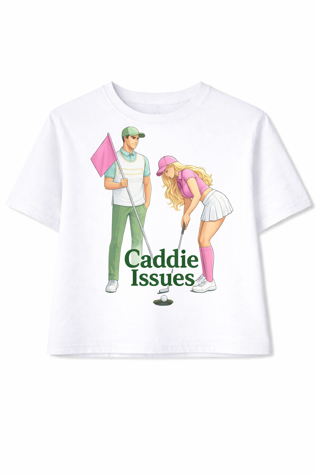 White t-shirt with cartoon graphic of a man and woman golfers and 'Caddie Issues' text on a white background.