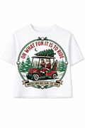 White t-shirt with a Christmas-themed graphic of Santa Claus and a golf cart, featuring text 'Oh what fun it is to ride' and 'Winter Links Golf Club'.