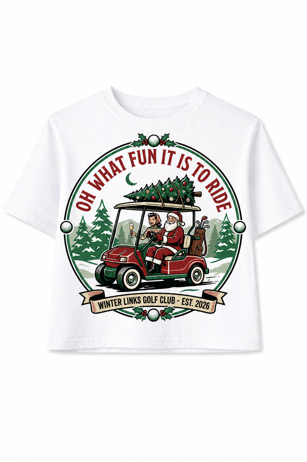 White t-shirt with a Christmas-themed graphic of Santa Claus and a golf cart, featuring text 'Oh what fun it is to ride' and 'Winter Links Golf Club'.