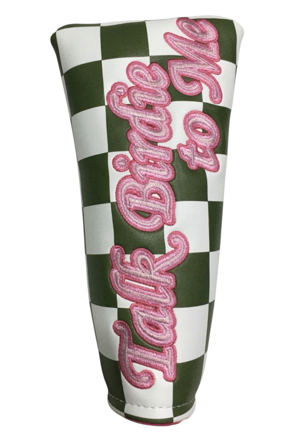 Checkered golf club head cover with pink text on a white background