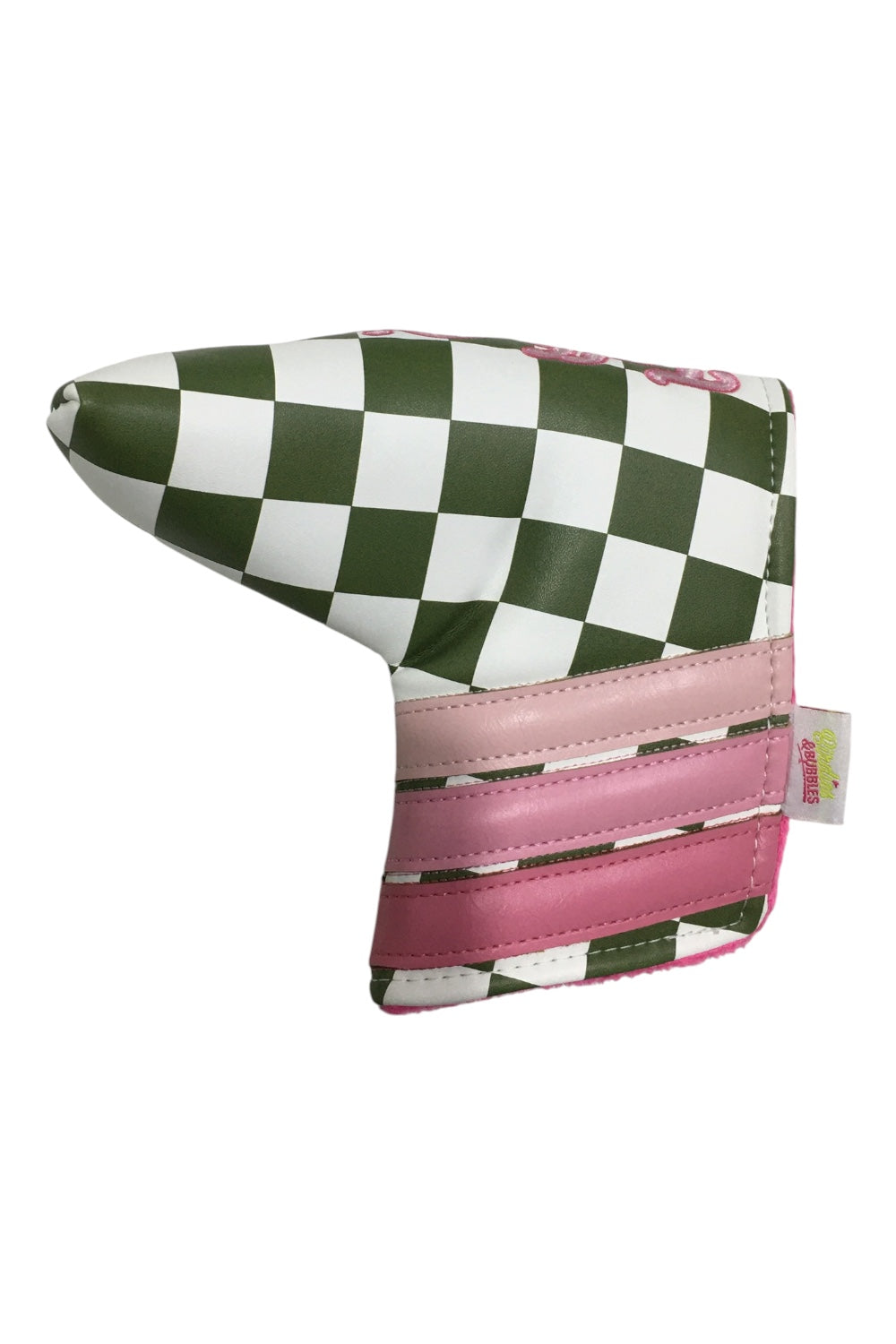 Golf club head cover with green and white checkered pattern and pink accents on a white background