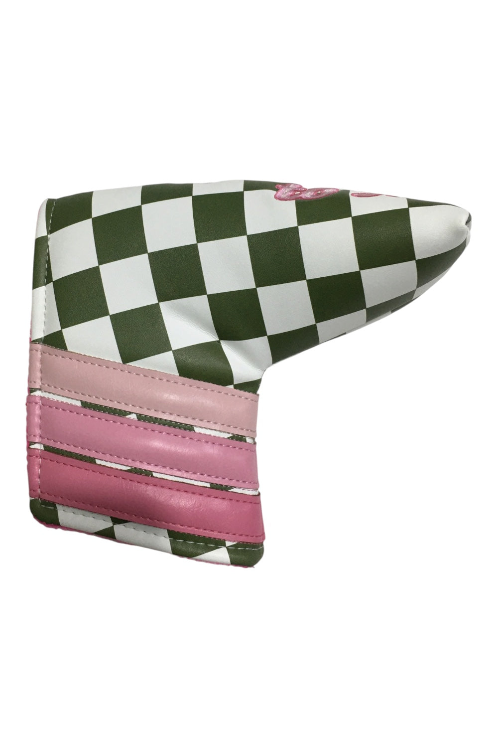 Checkered golf club head cover with pink accents on a white background