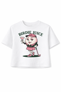 Birdies & Bubbles “Birdie Juice” women’s white cropped graphic golf t-shirt with pink golf ball character holding a cocktail white 