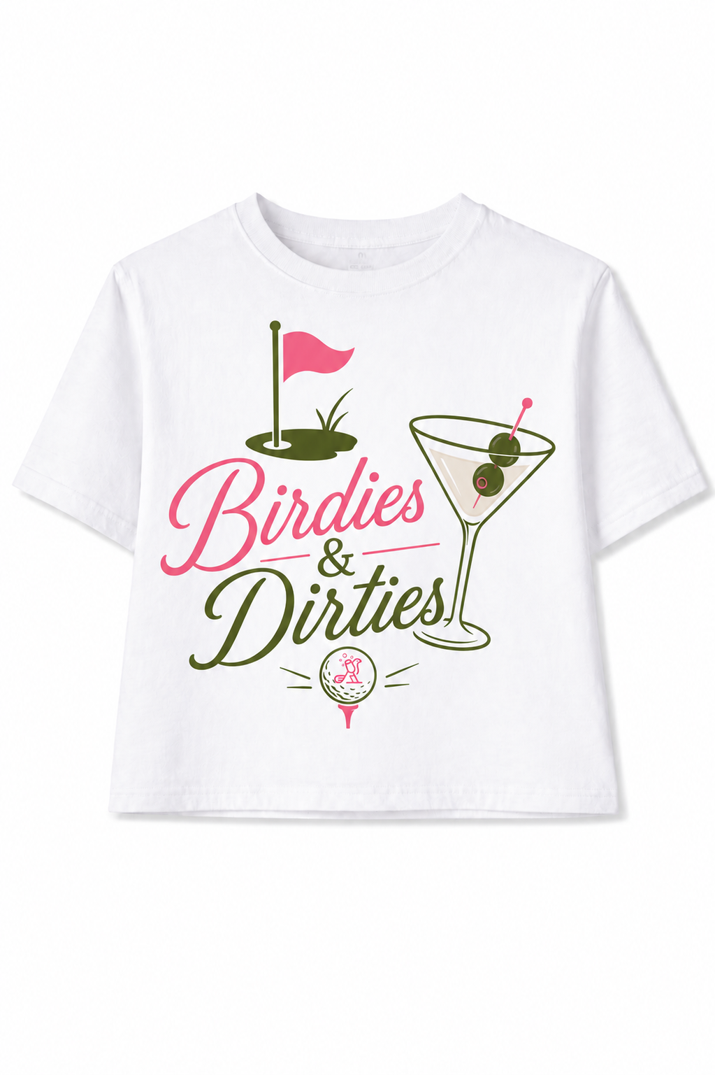 White t-shirt with 'Birdies & Dirties' graphic design on a white background