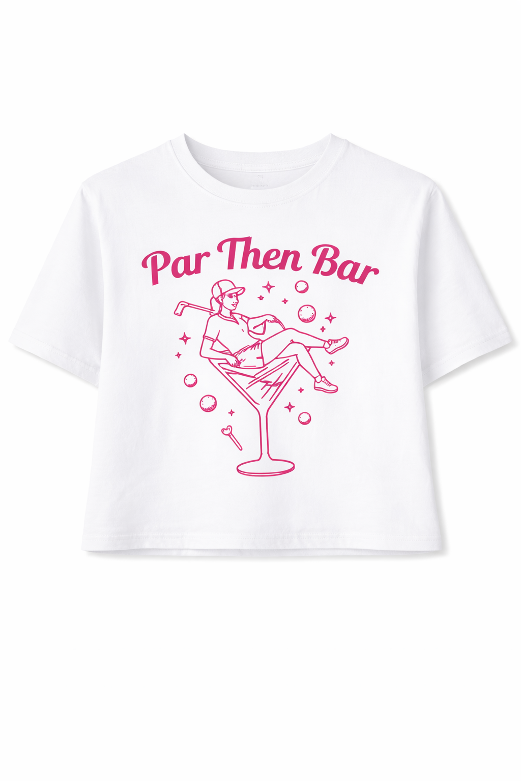 White t-shirt with pink graphic and text 'Par Then Bar' on a white background