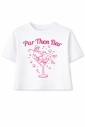 White t-shirt with pink graphic and text 'Par Then Bar' on a white background