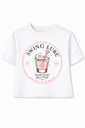 White t-shirt with 'Swing Lube' graphic design on a white background