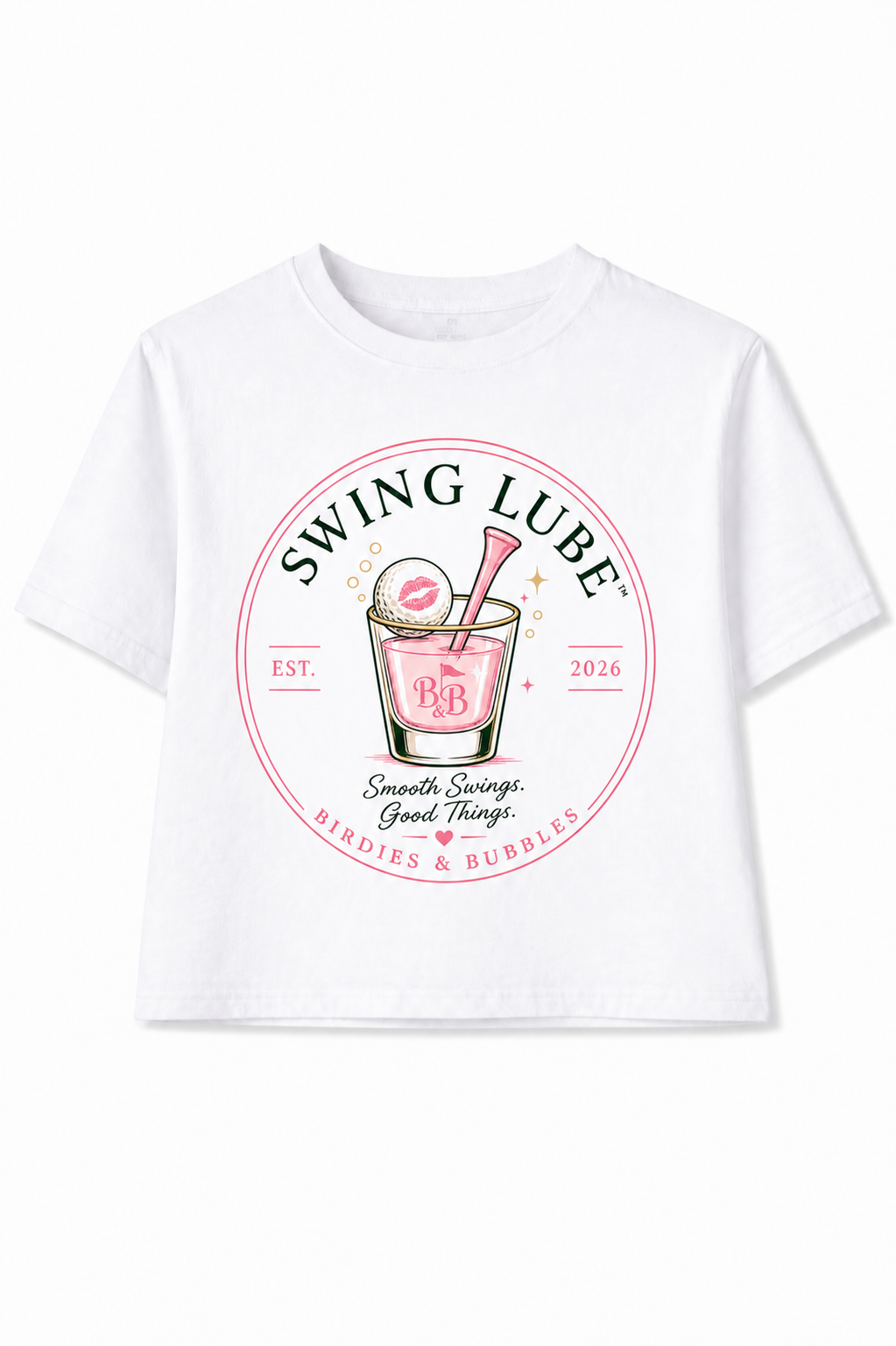 White t-shirt with 'Swing Lube' graphic design on a white background