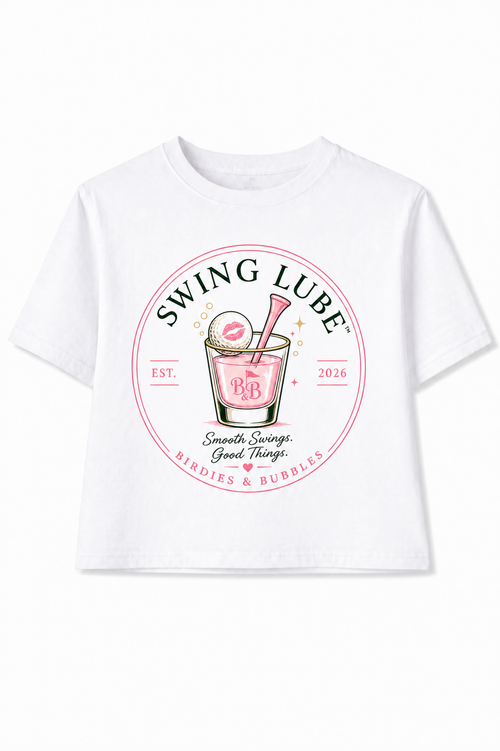 White t-shirt with 'Swing Lube' graphic design on a white background