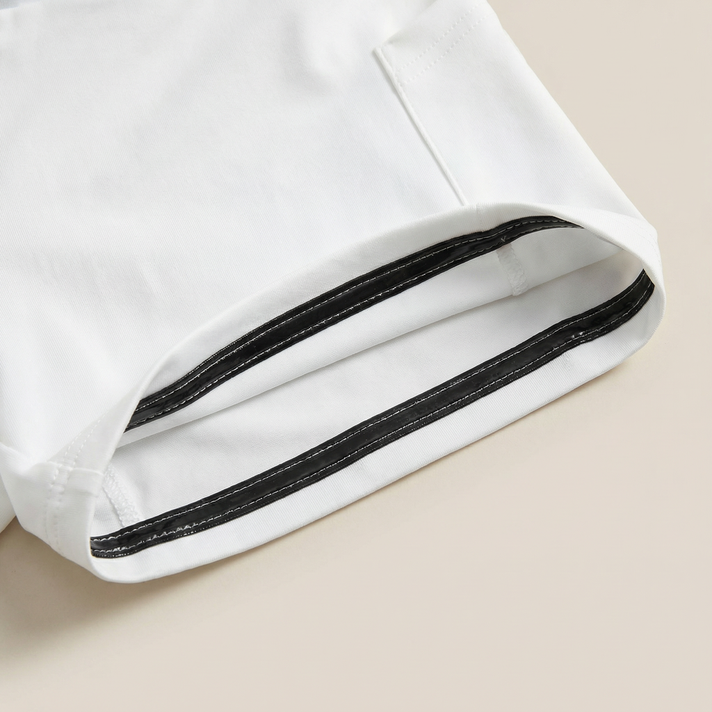 Close-up of a white garment with black trim on a beige background