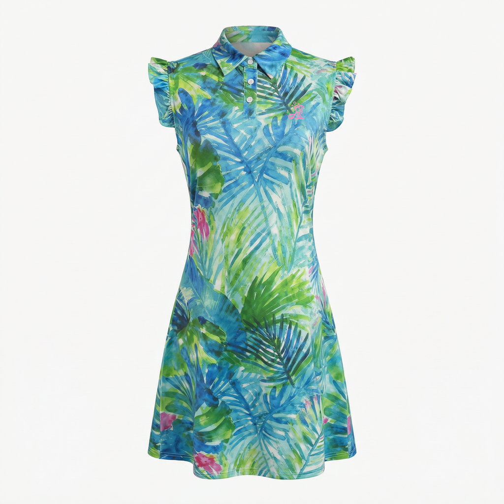 Tropical patterned dress on a white background