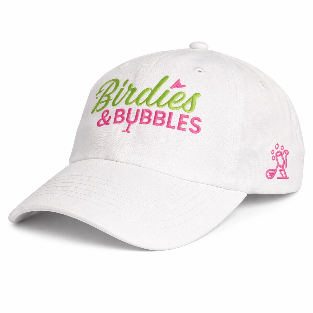 White cap with 'Birdies & Bubbles' text on a white background
