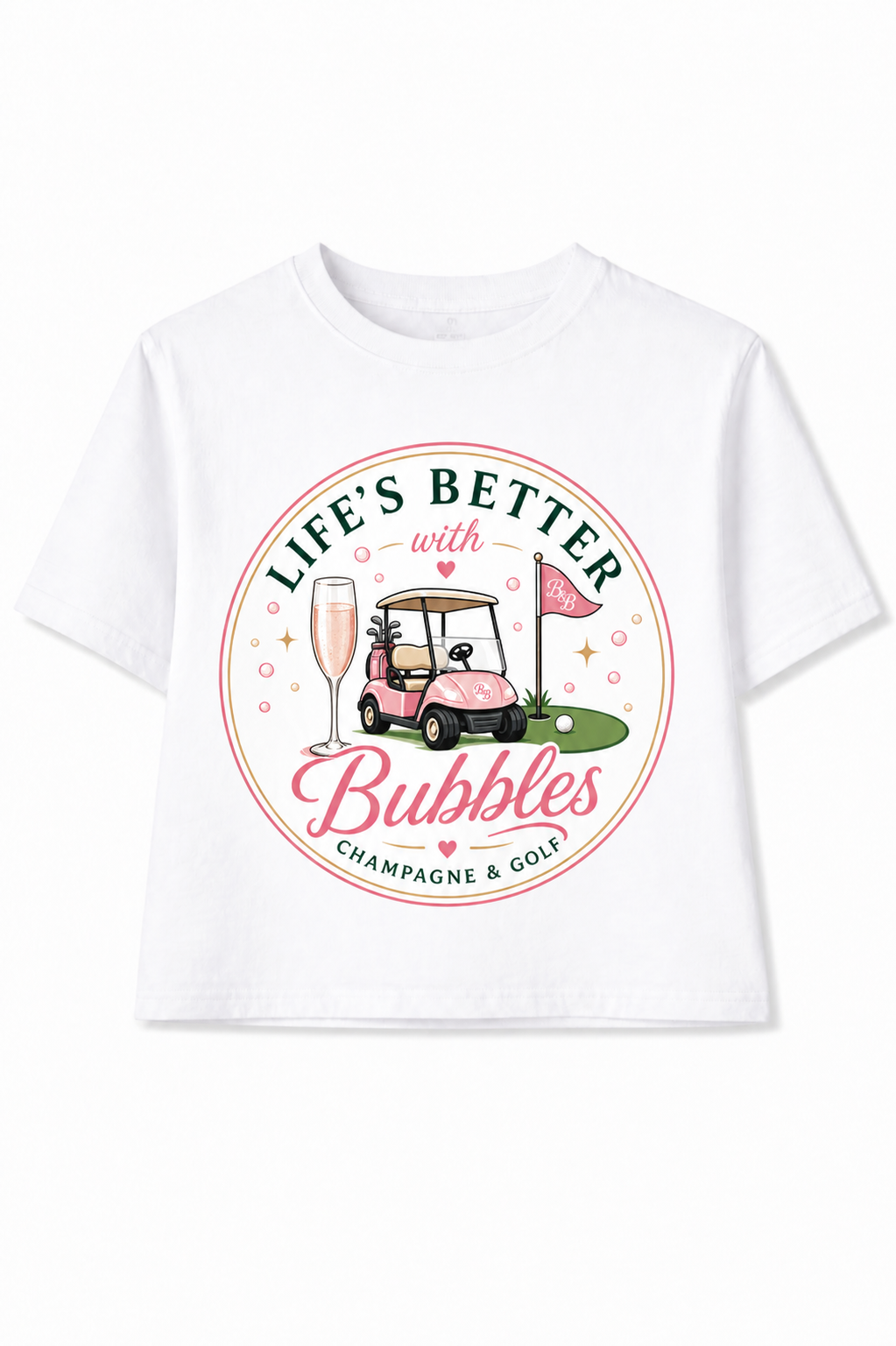 White t-shirt with a graphic design featuring a golf cart, champagne glass, and text on a white background.