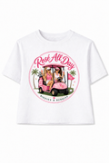 White t-shirt with a graphic of two women in a pink golf cart and 'Rosé All Day' text on a white background.