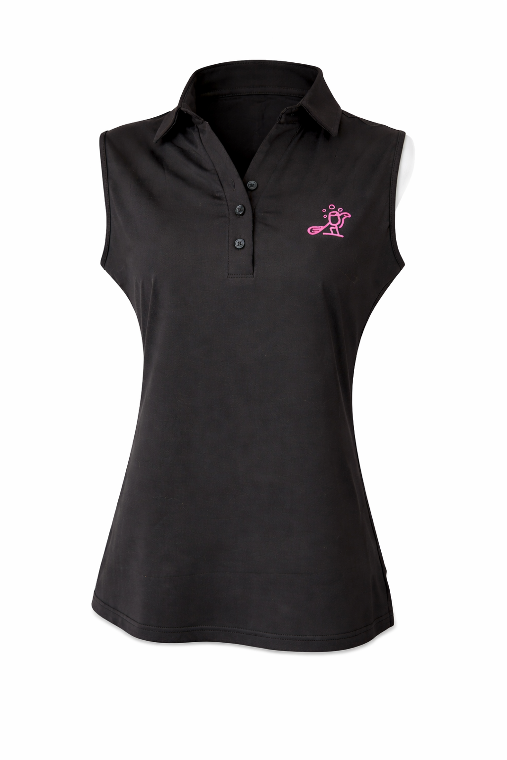 Black Birdies and bubbles sleeveless polo shirt with a pink logo on a white background
