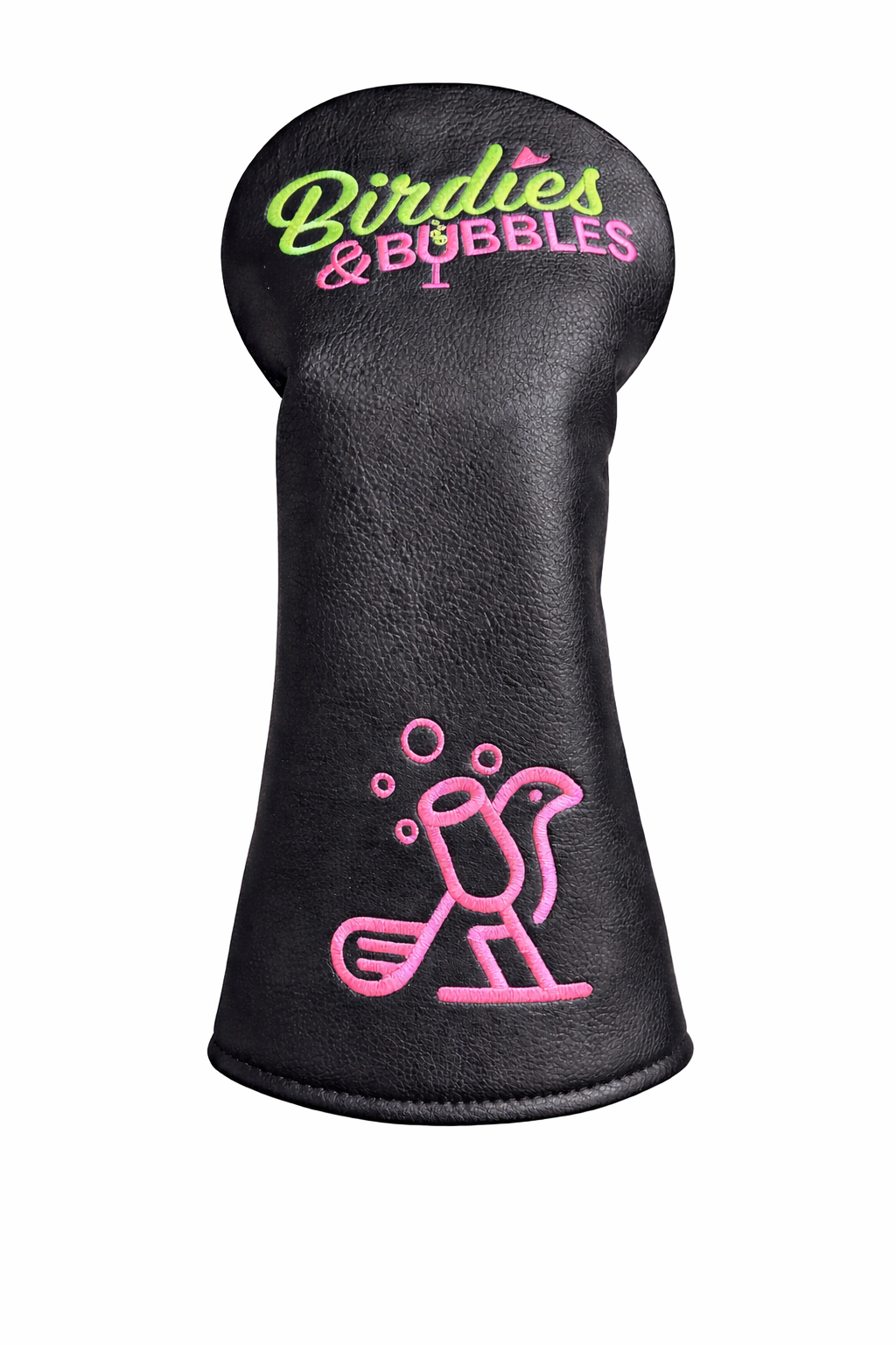 Black golf club head cover with 'Birdies & Bubbles' text and logo on a white background