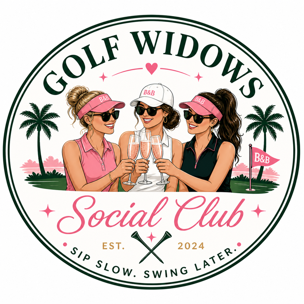 Logo of Golf Widows Social Club with three women at a golf course.