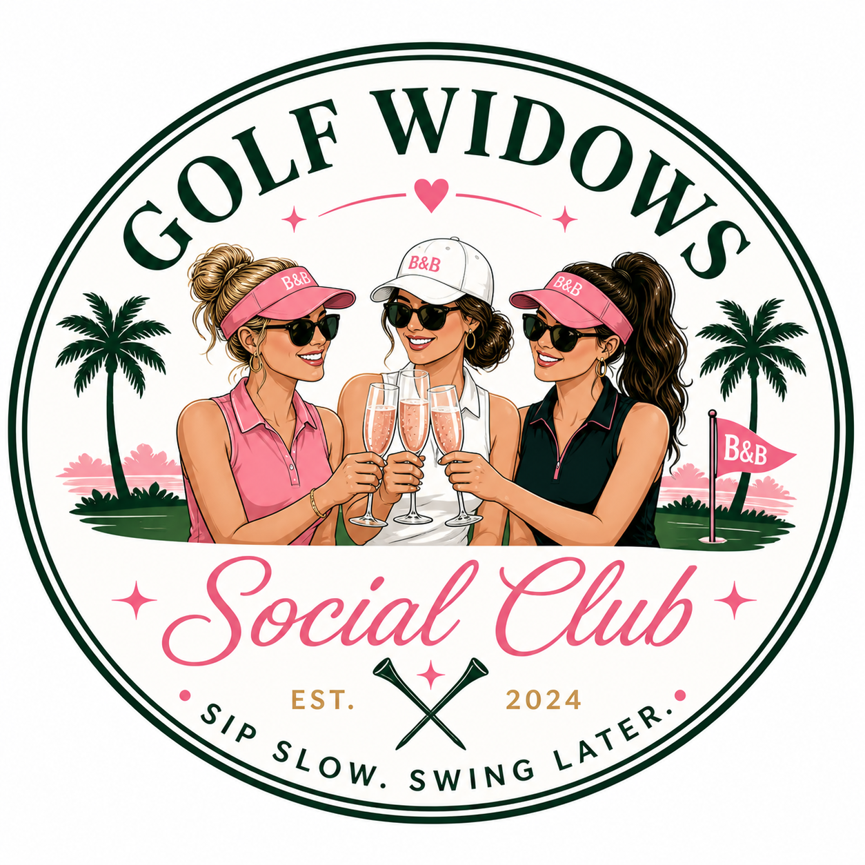 Logo of Golf Widows Social Club with three women at a golf course.