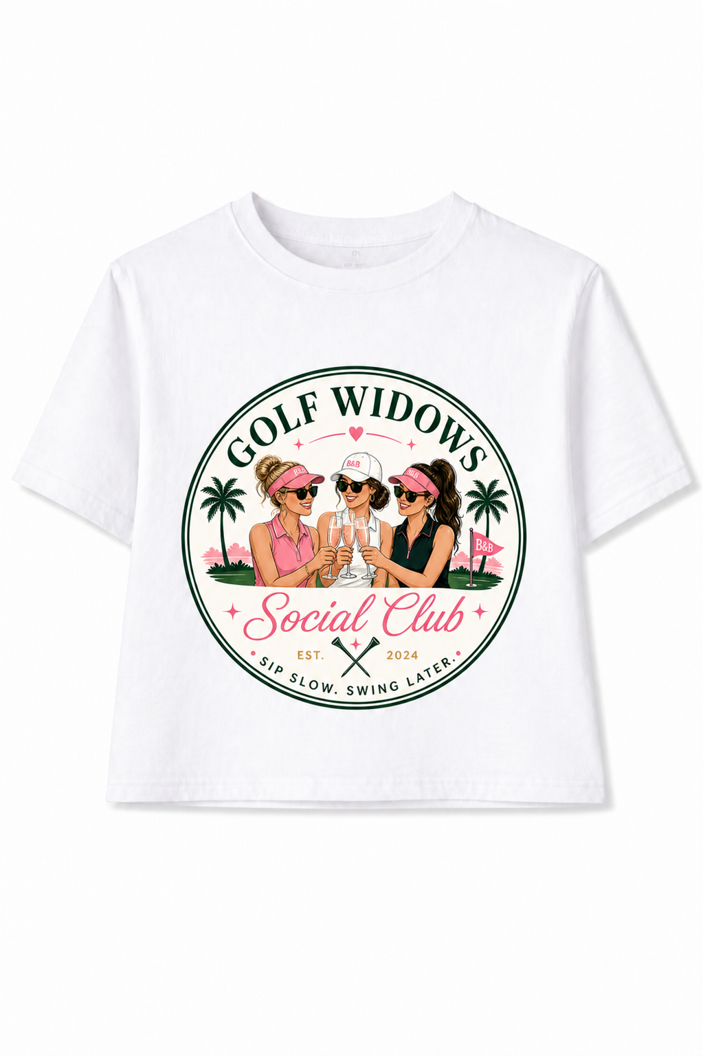 White t-shirt with 'Golf Widows Social Club' graphic on a white background