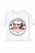 White t-shirt with 'Golf Widows Social Club' graphic on a white background