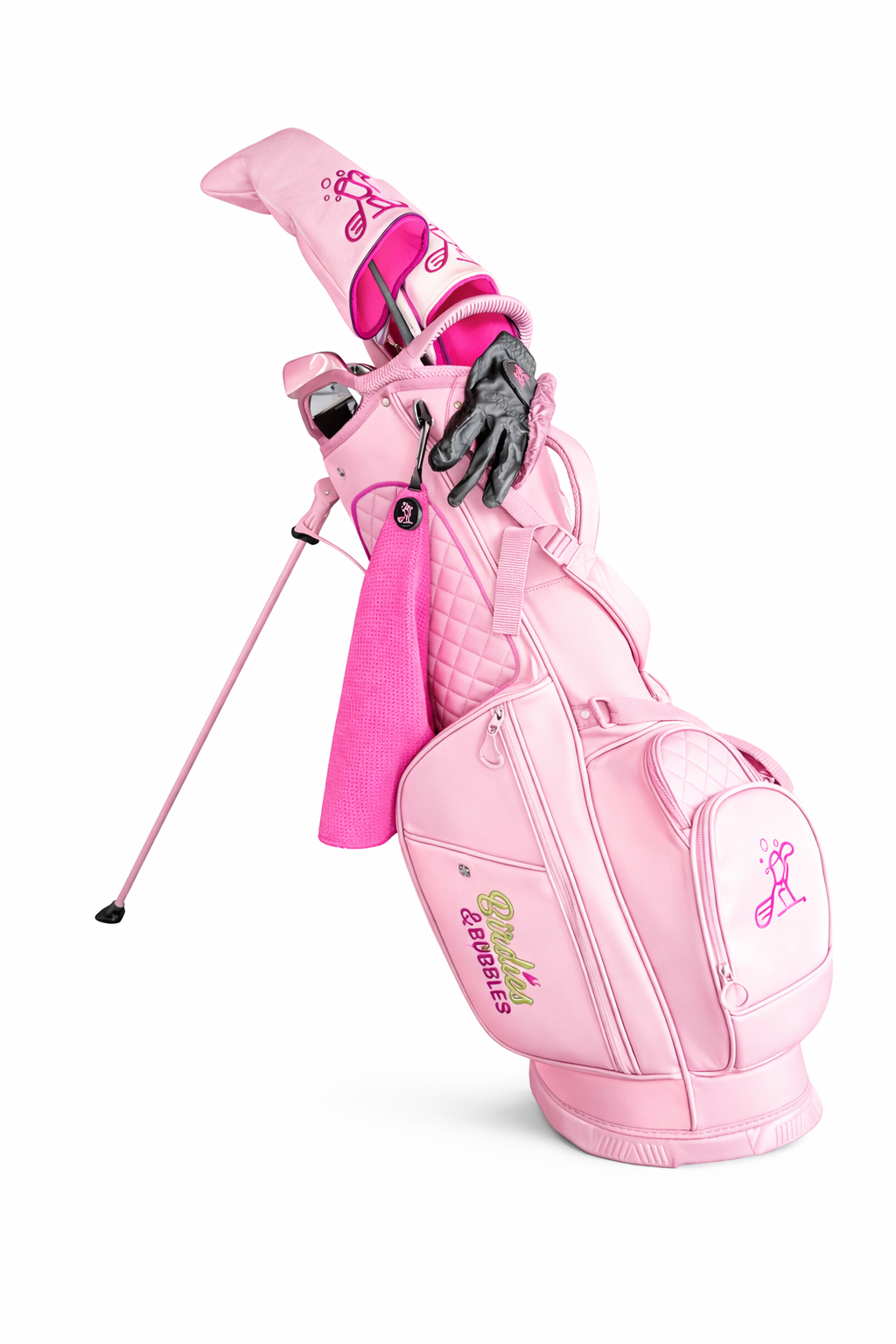 Pink golf bag with a golf club on a white background