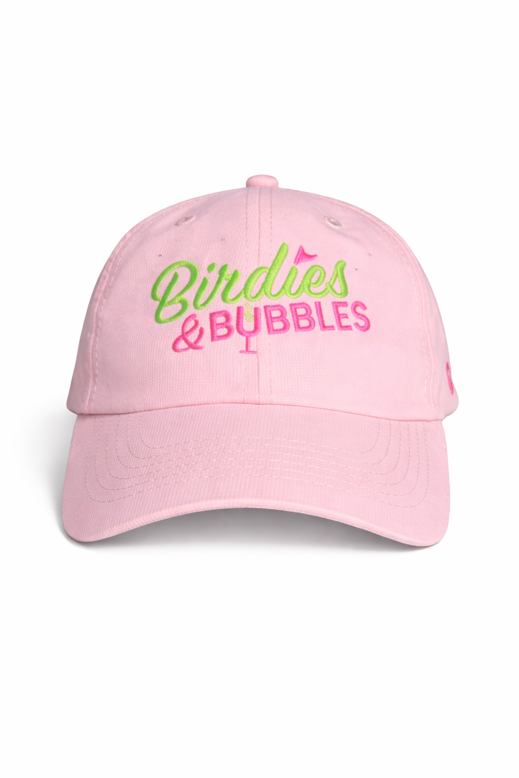 Front of Pink cap with 'Birdies & Bubbles' text on a white background