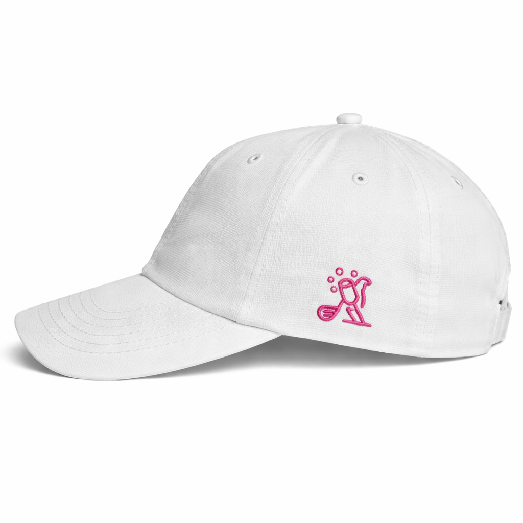 White Birdies & Bubbles cap with a pink logo on a white background