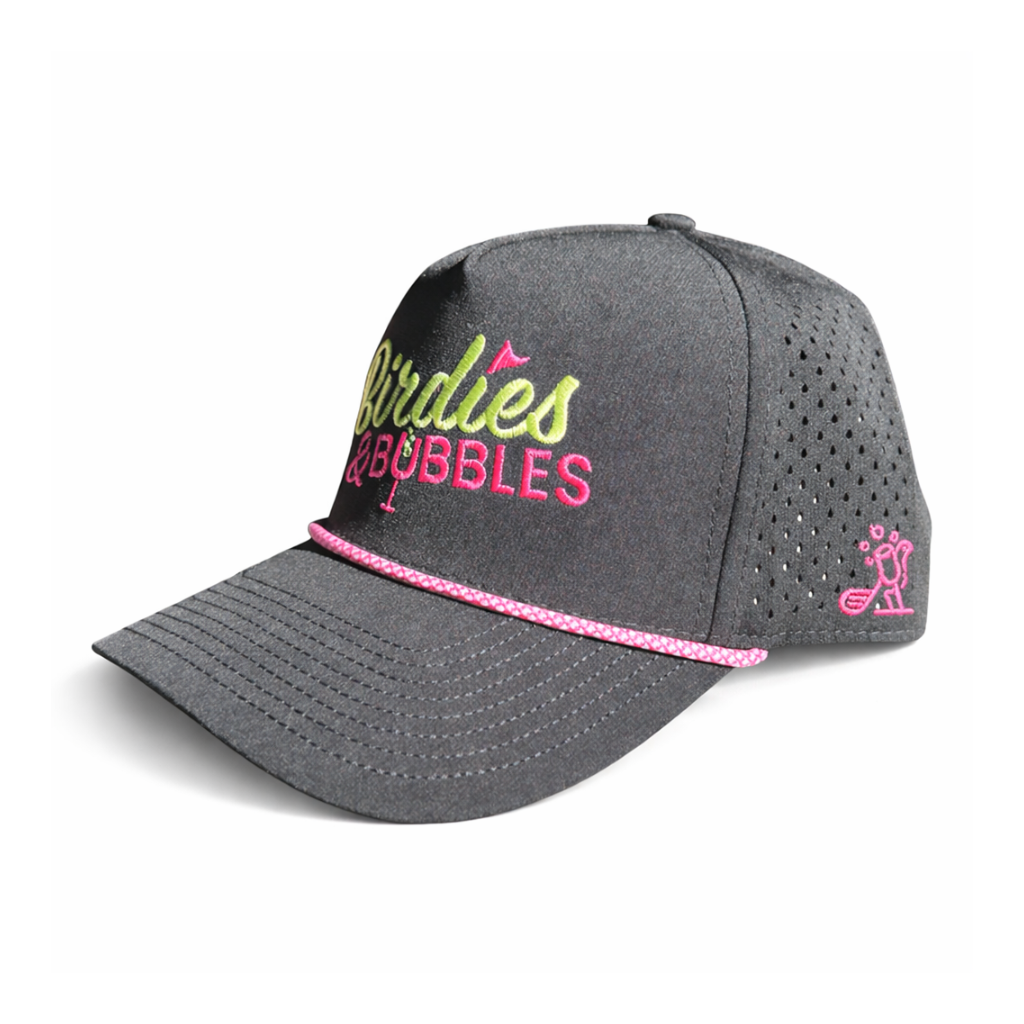 Birdies & Bubbles women's black golf rope hat side view with embroidered logo, pink rope detail, and breathable perforated performance fabric