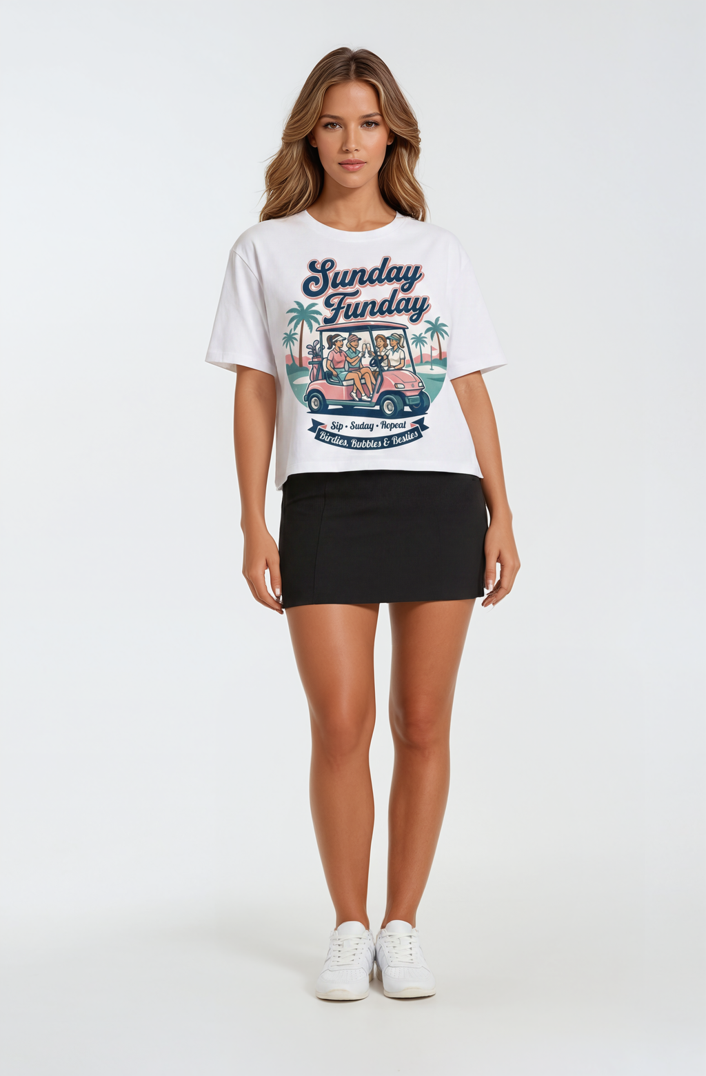Sunday Funday Tee – Women’s Golf Cart Graphic T-Shirt | Birdies & Bubbles