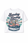White t-shirt with 'Sunday Funday' graphic design featuring a golf cart and people.