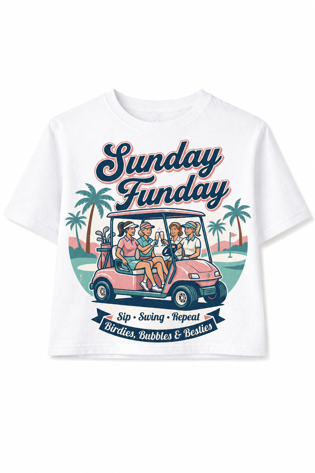 White t-shirt with 'Sunday Funday' graphic design featuring a golf cart and people.