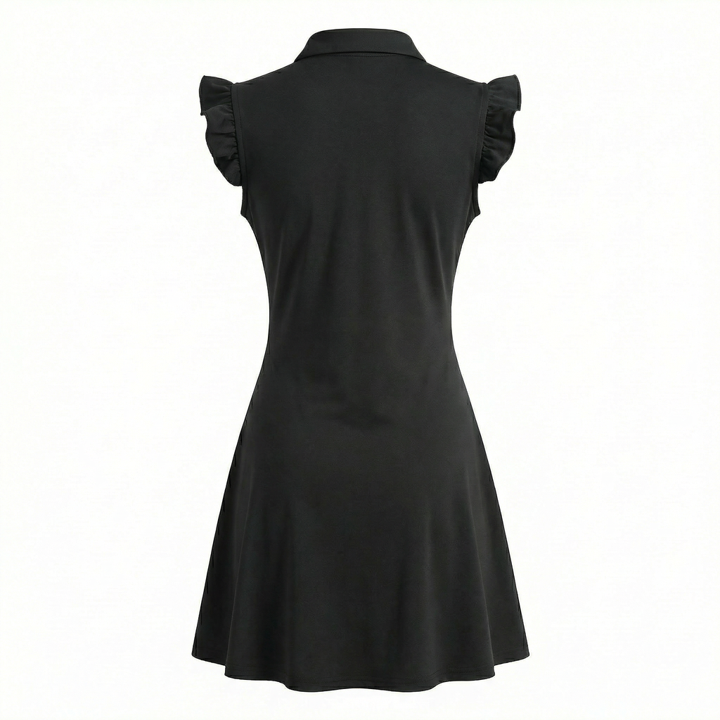 Black dress backside with ruffled sleeves on a white background 