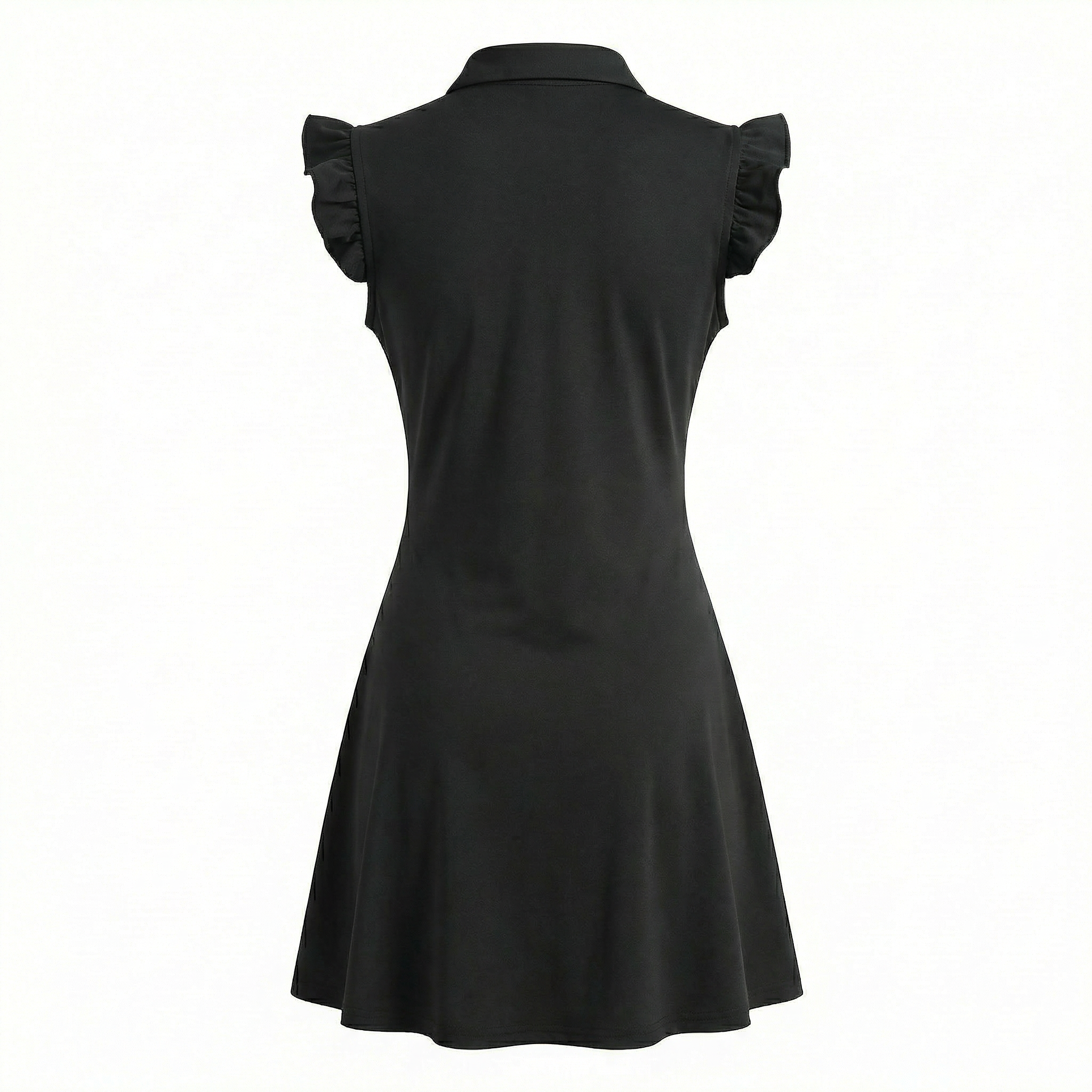 Black dress backside with ruffled sleeves on a white background 