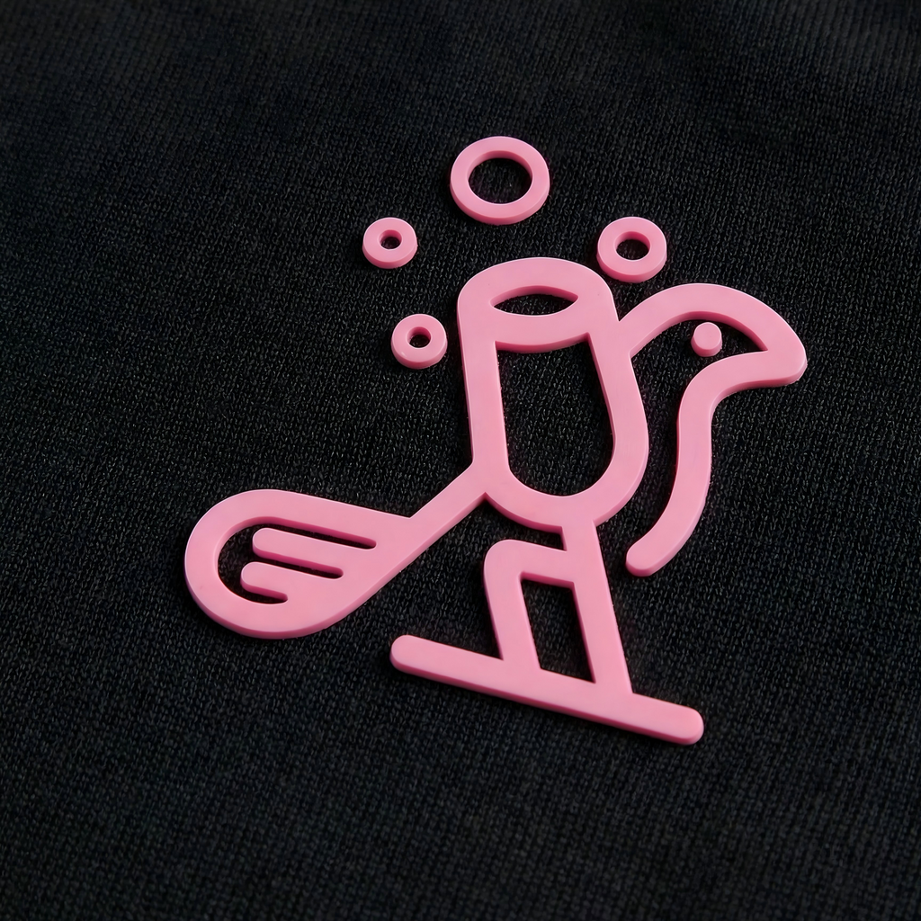 Pink logo on a black background