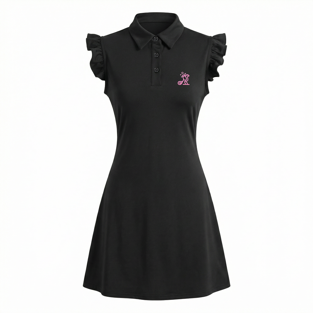 Black dress with ruffled sleeves and a pink logo on a white background