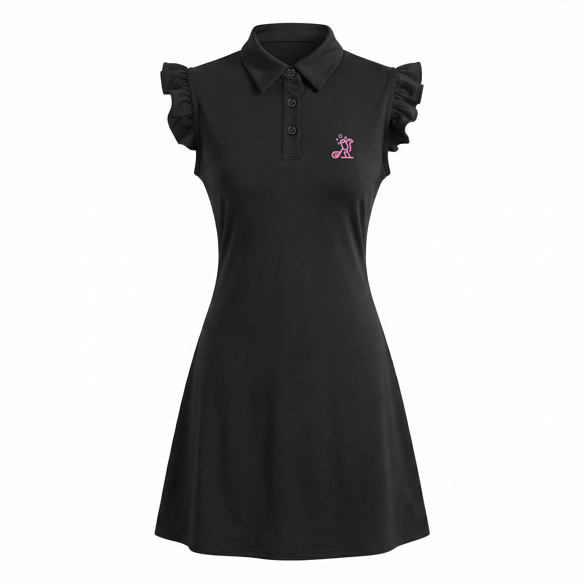Black dress with ruffled sleeves and a pink logo on a white background