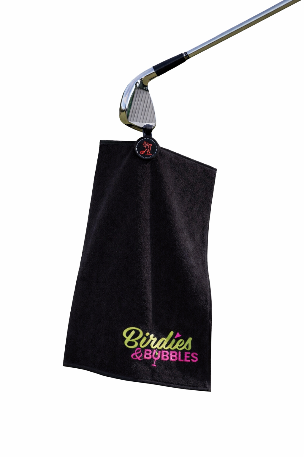 Black golf towel with 'Birdies & Bubbles' text and a golf club on a white background