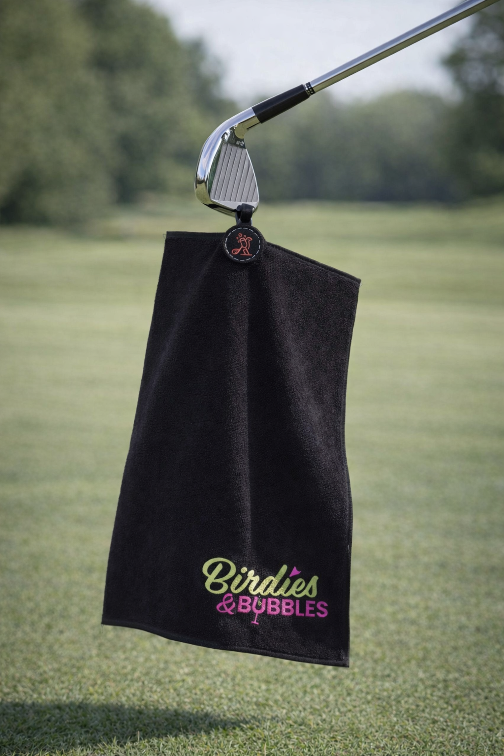Black golf towel with 'Birdies & Bubbles' text hanging from a golf club on a grassy background
