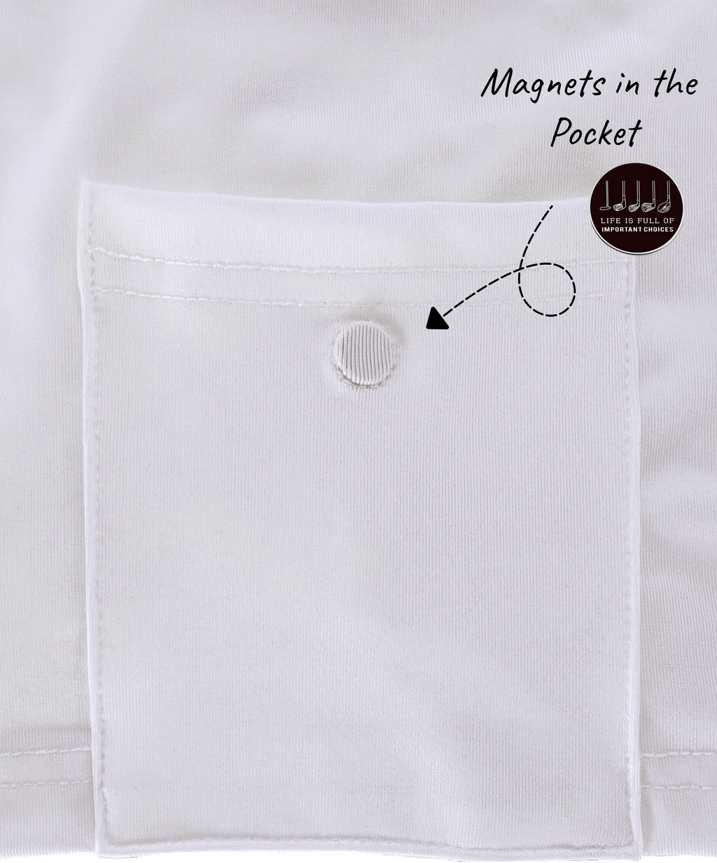 Close-up of a white shirt pocket with a magnet labeled 'Magnets in the Pocket' on a white background.