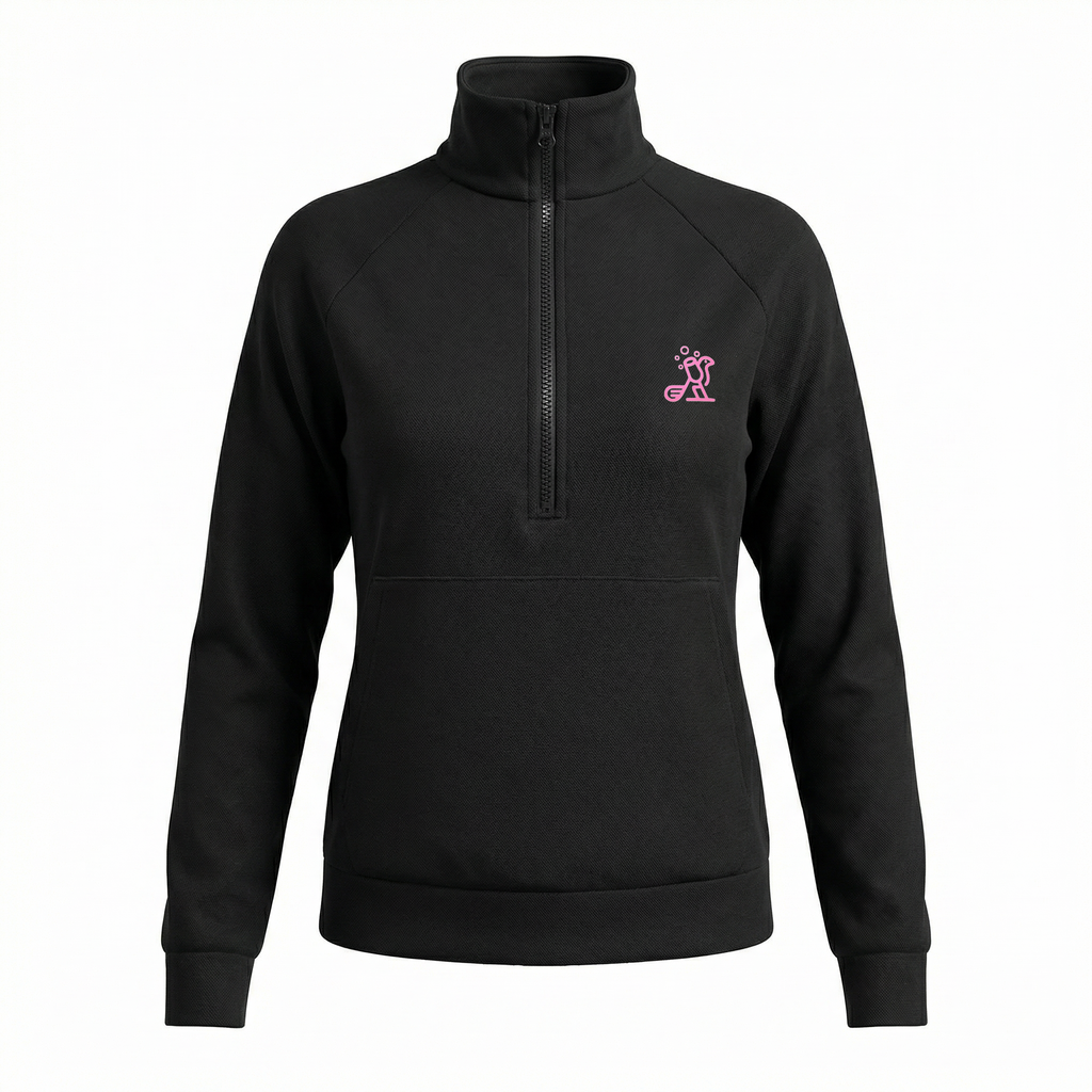 Black half-zip sweatshirt with a pink logo on a white background