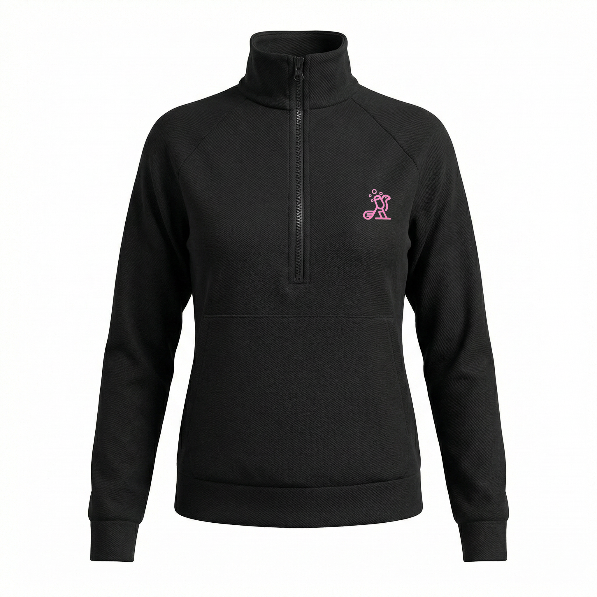 Black half-zip sweatshirt with a pink logo on a white background